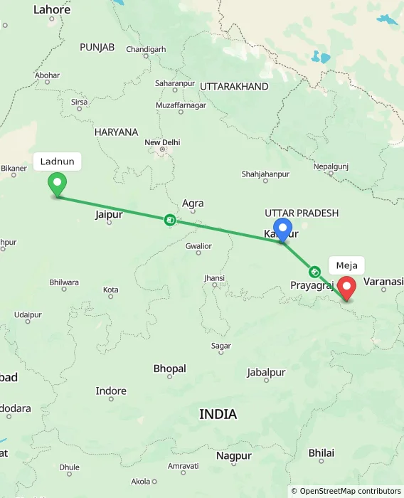 Route map showing distance and travel time from Ladnun, India to Meja, India