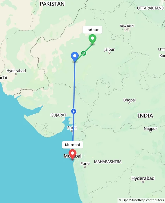 Route map showing distance and travel time from Ladnun, India to Mumbai, India