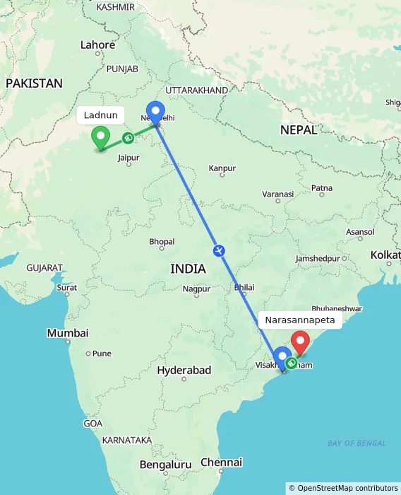 Route map showing distance and travel time from Ladnun, India to Narasannapeta, India