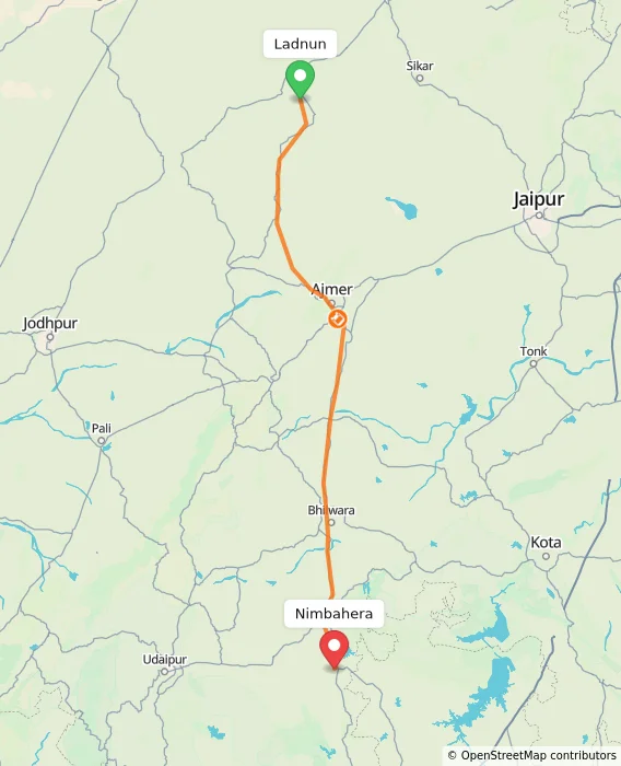 Route map showing distance and travel time from Ladnun, India to Nimbahera, India