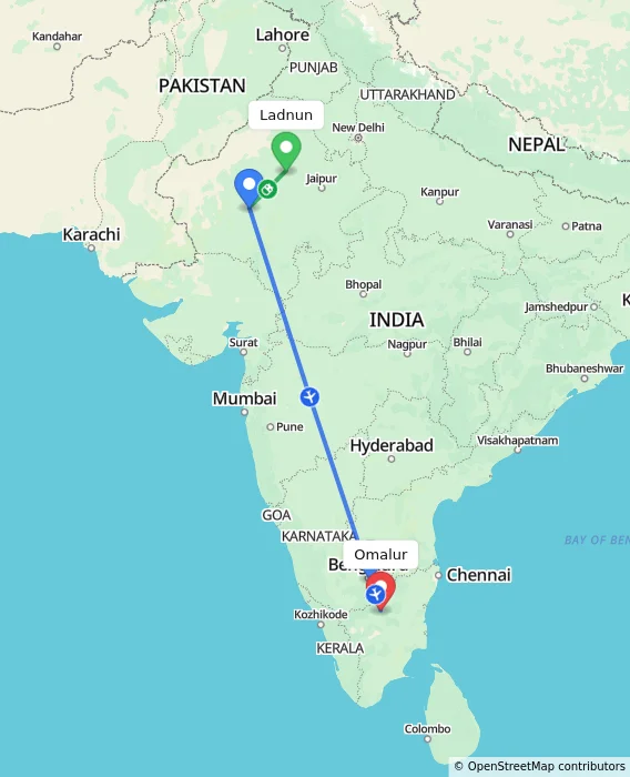 Route map showing distance and travel time from Ladnun, India to Omalur, India