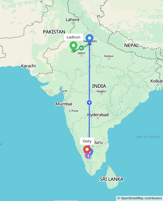 Route map showing distance and travel time from Ladnun, India to Ooty, India