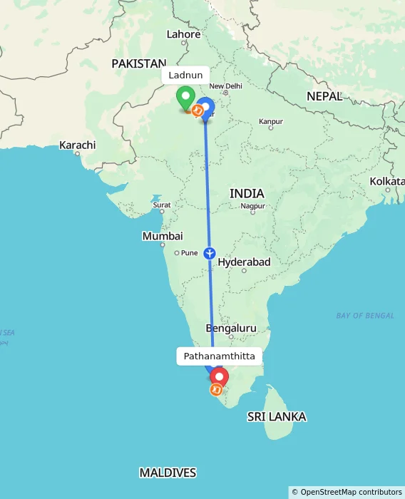 Route map showing distance and travel time from Ladnun, India to Pathanamthitta, India