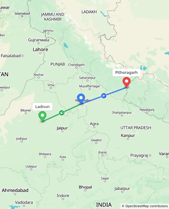 Route map showing distance and travel time from Ladnun, India to Pithoragarh, India
