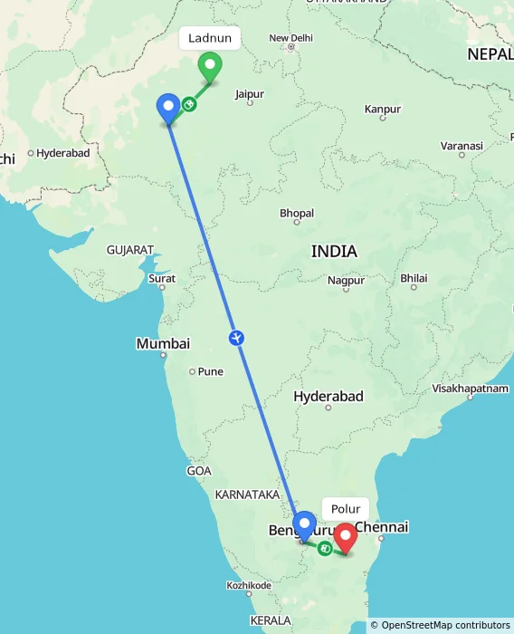 Route map showing distance and travel time from Ladnun, India to Polur, India