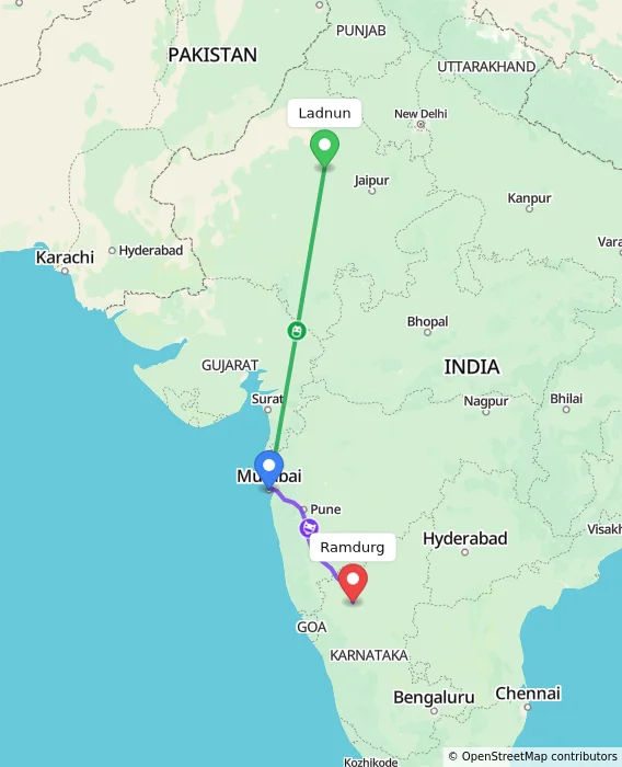Route map showing distance and travel time from Ladnun, India to Ramdurg, India