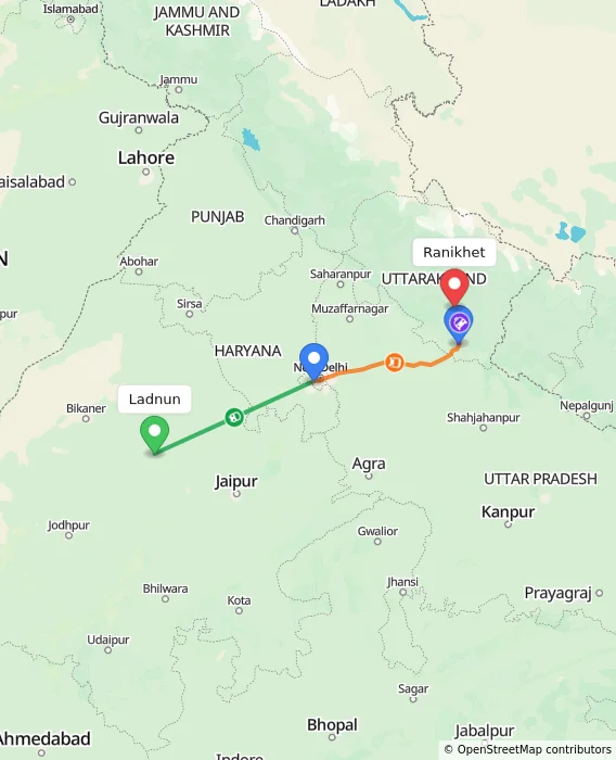 Route map showing distance and travel time from Ladnun, India to Ranikhet, India
