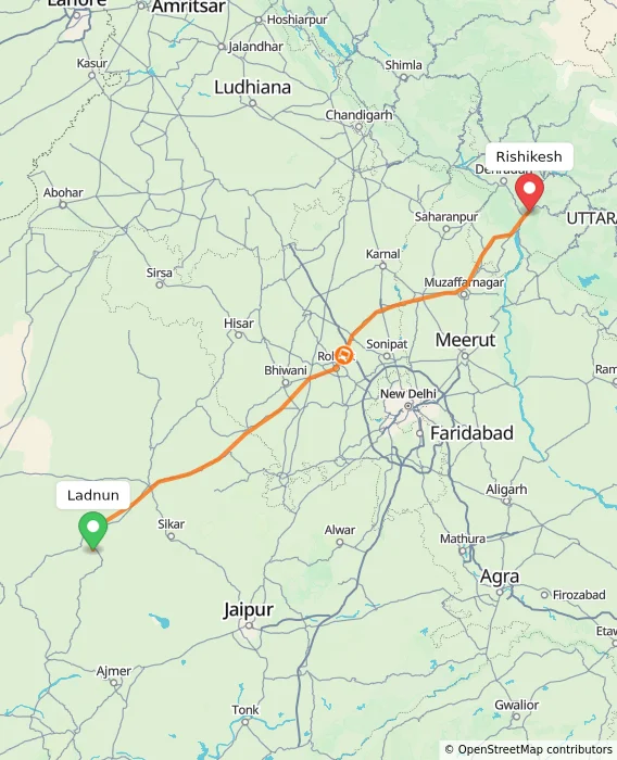 Route map showing distance and travel time from Ladnun, India to Rishikesh, India
