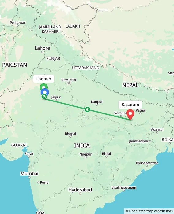 Route map showing distance and travel time from Ladnun, India to Sasaram, India