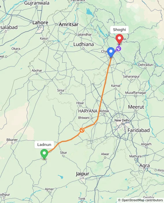 Route map showing distance and travel time from Ladnun, India to Shoghi, India
