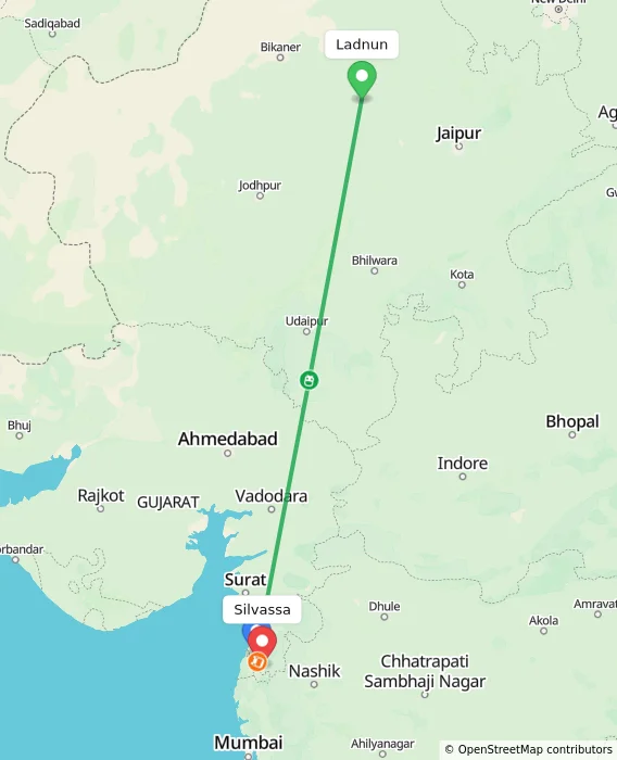Route map showing distance and travel time from Ladnun, India to Silvassa, India