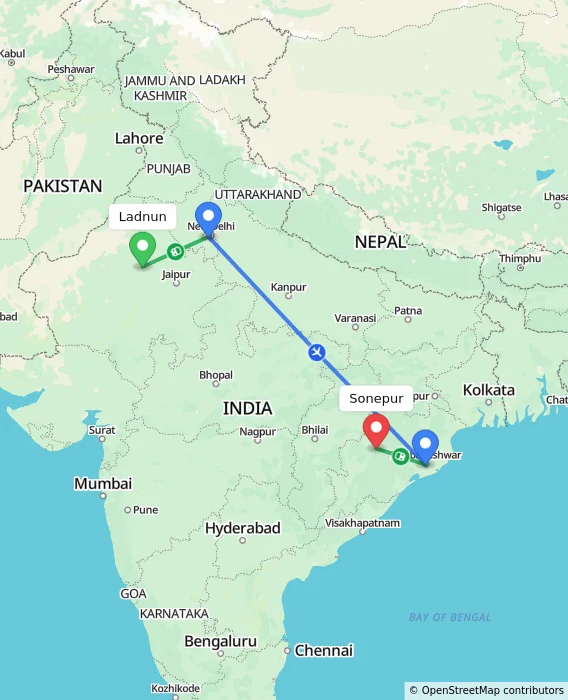 Route map showing distance and travel time from Ladnun, India to Sonepur, India