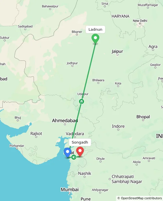 Route map showing distance and travel time from Ladnun, India to Songadh, India