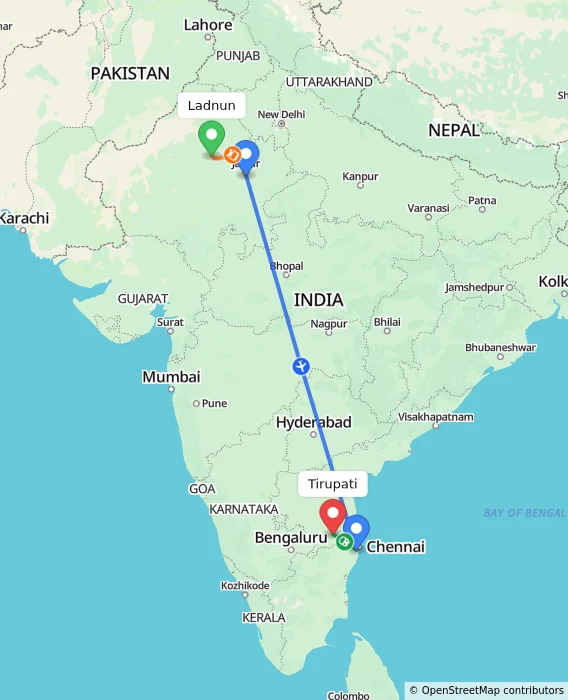 Route map showing distance and travel time from Ladnun, India to Tirupati, India