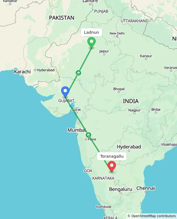 Route map showing distance and travel time from Ladnun, India to Toranagallu, India
