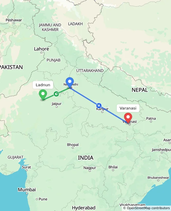 Route map showing distance and travel time from Ladnun, India to Varanasi, India