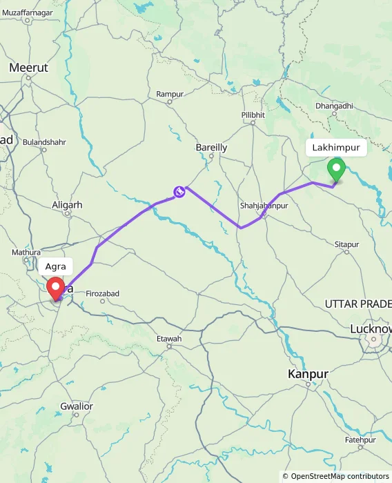 Route map showing distance and travel time from Lakhimpur, India to Agra, India