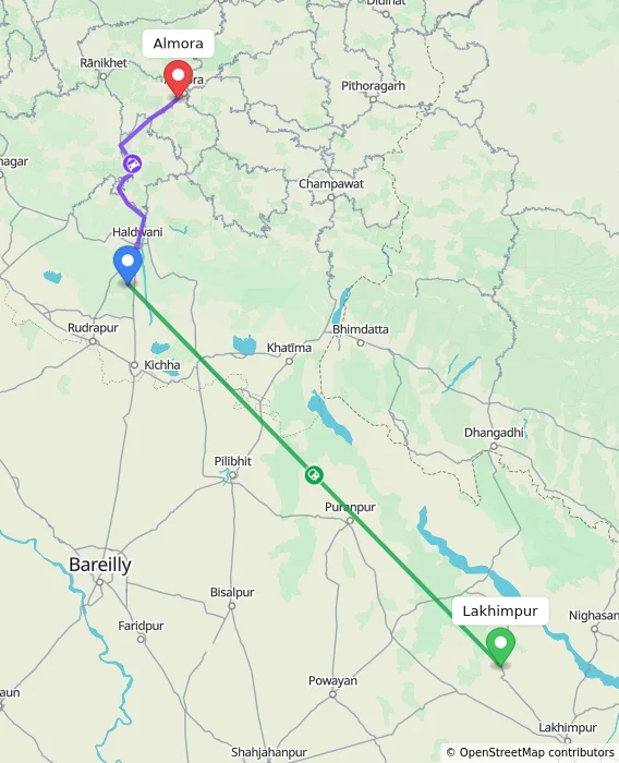 Route map showing distance and travel time from Lakhimpur, India to Almora, India