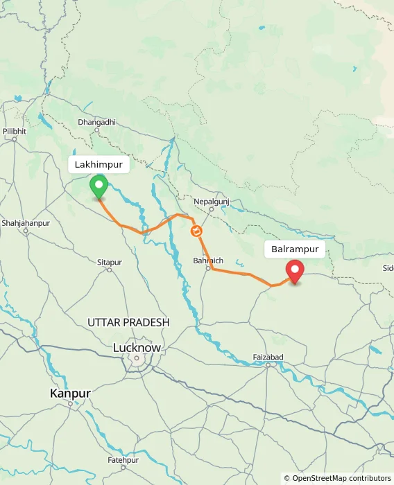Route map showing distance and travel time from Lakhimpur, India to Balrampur, India