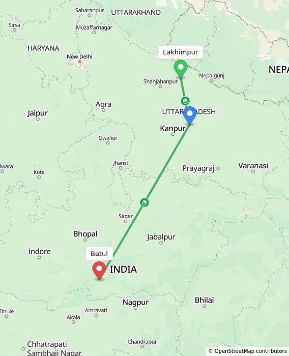 Route map showing distance and travel time from Lakhimpur, India to Betul, India