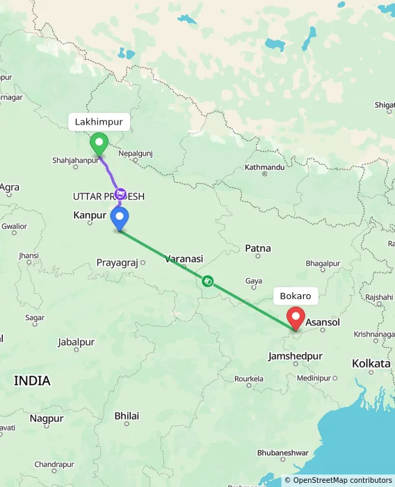 Route map showing distance and travel time from Lakhimpur, India to Bokaro, India