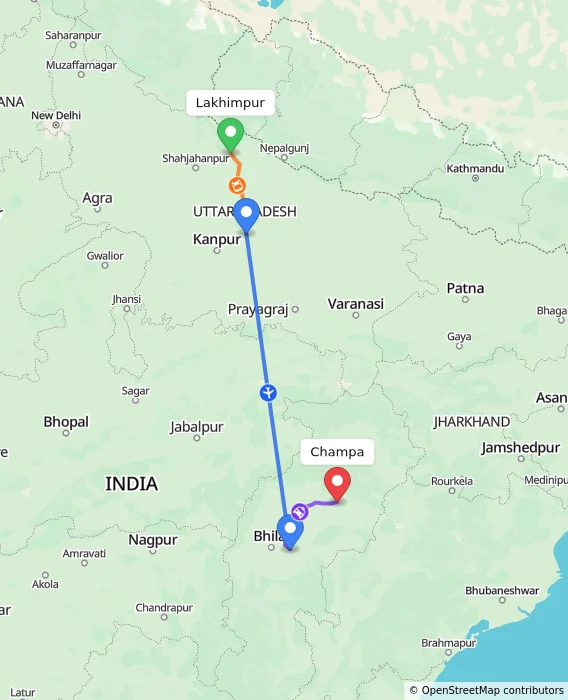 Route map showing distance and travel time from Lakhimpur, India to Champa, India