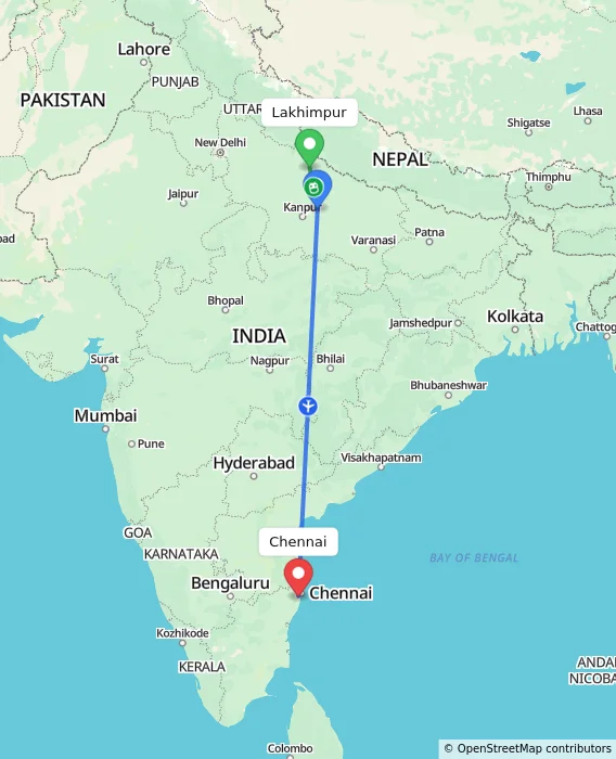 Route map showing distance and travel time from Lakhimpur, India to Chennai, India