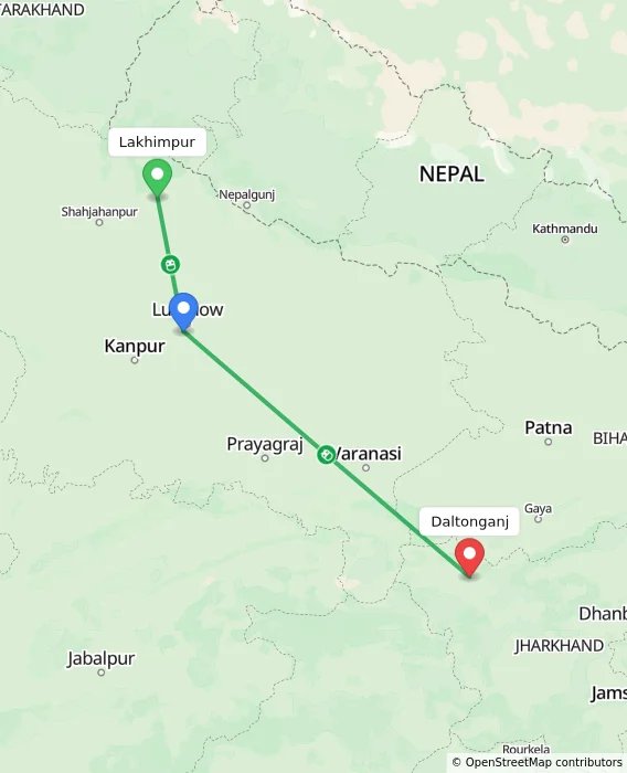 Route map showing distance and travel time from Lakhimpur, India to Daltonganj, India