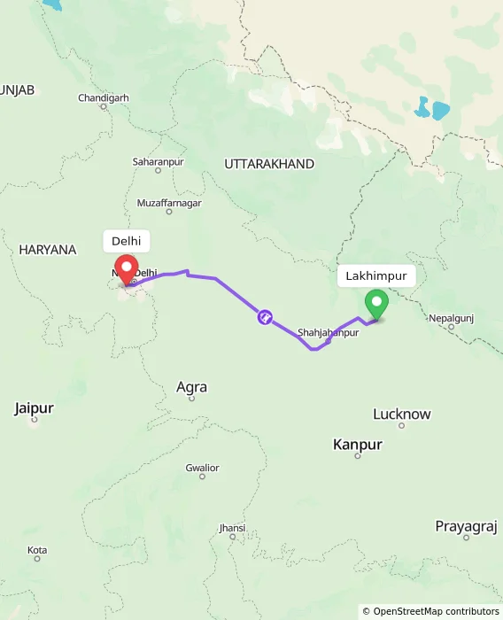 Route map showing distance and travel time from Lakhimpur, India to Delhi, India