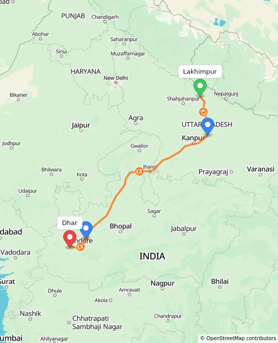 Route map showing distance and travel time from Lakhimpur, India to Dhar, India