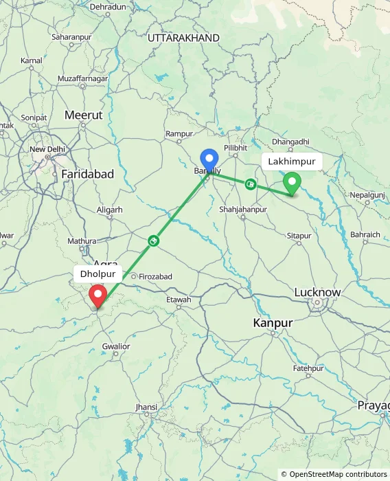 Route map showing distance and travel time from Lakhimpur, India to Dholpur, India