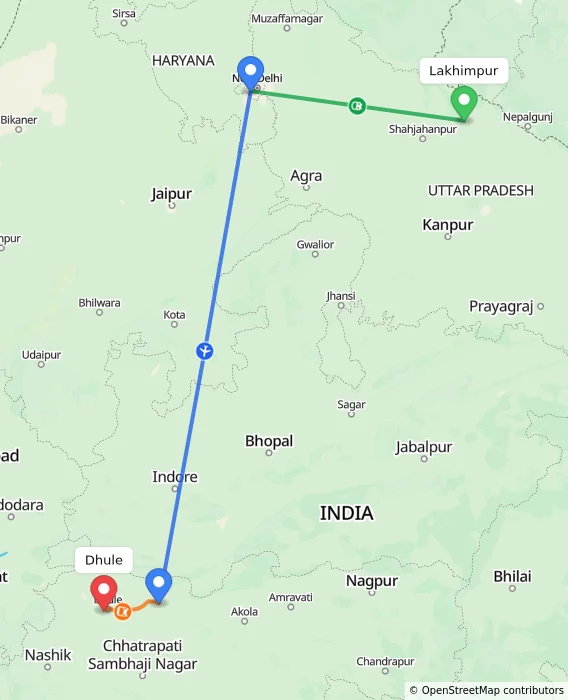 Route map showing distance and travel time from Lakhimpur, India to Dhule, India