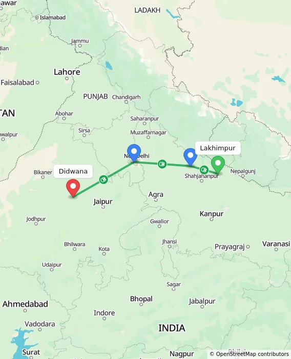 Route map showing distance and travel time from Lakhimpur, India to Didwana, India