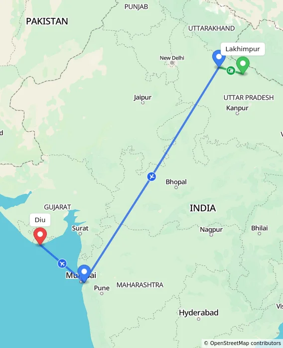 Route map showing distance and travel time from Lakhimpur, India to Diu, India