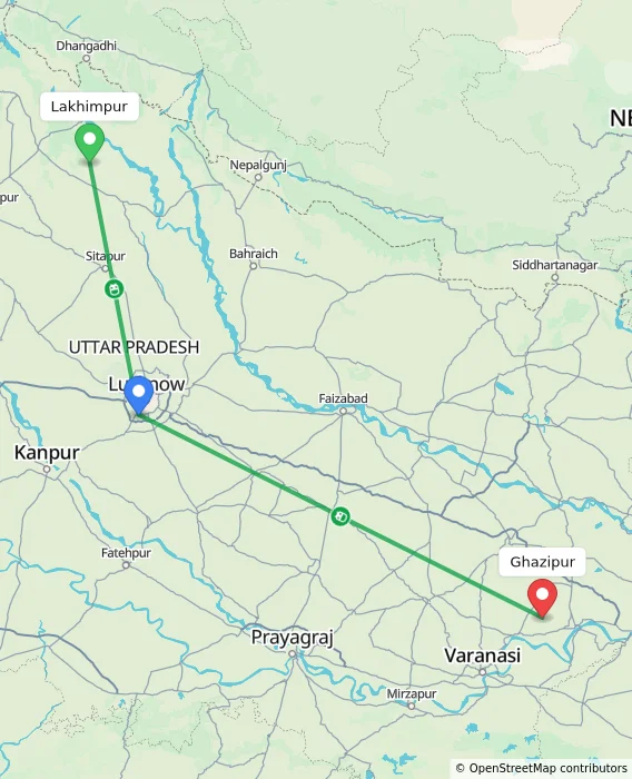 Route map showing distance and travel time from Lakhimpur, India to Ghazipur, India