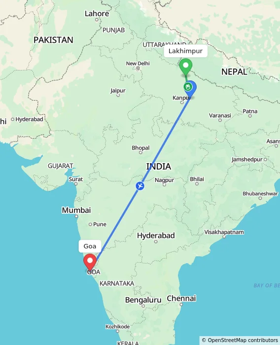 Route map showing distance and travel time from Lakhimpur, India to Goa, India