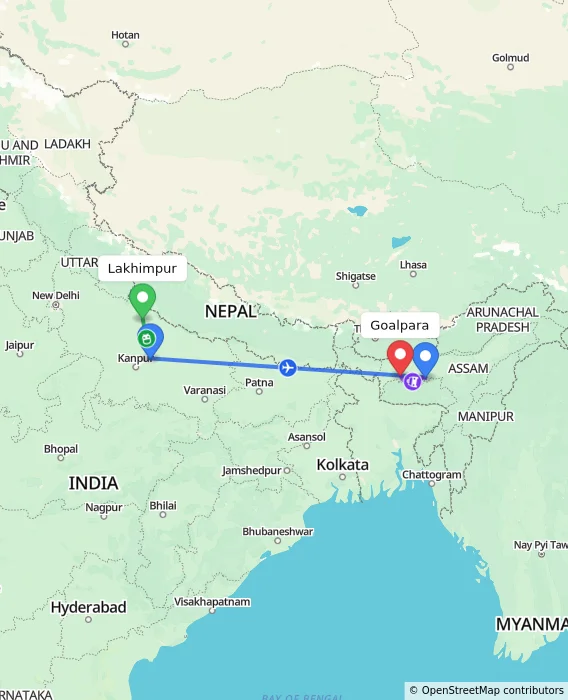 Route map showing distance and travel time from Lakhimpur, India to Goalpara, India