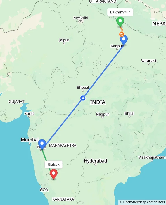 Route map showing distance and travel time from Lakhimpur, India to Gokak, India