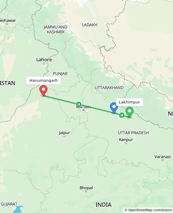 Route map showing distance and travel time from Lakhimpur, India to Hanumangarh, India