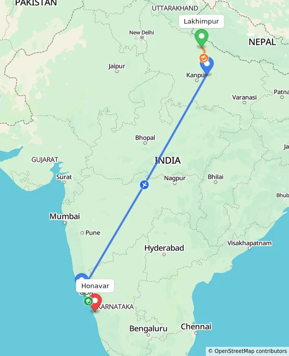 Route map showing distance and travel time from Lakhimpur, India to Honavar, India