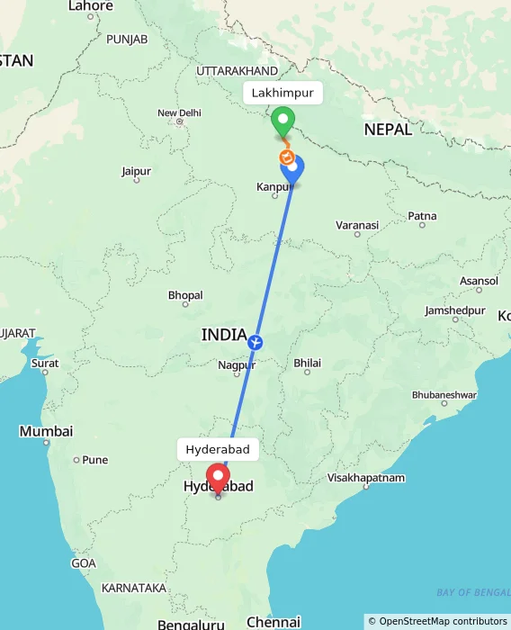 Route map showing distance and travel time from Lakhimpur, India to Hyderabad, India