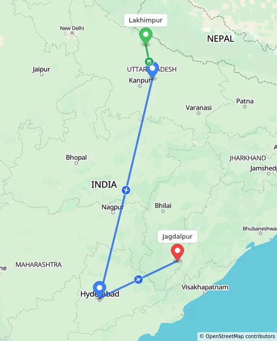 Route map showing distance and travel time from Lakhimpur, India to Jagdalpur, India