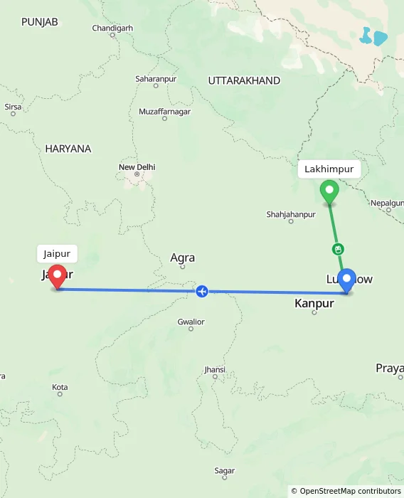 Route map showing distance and travel time from Lakhimpur, India to Jaipur, India