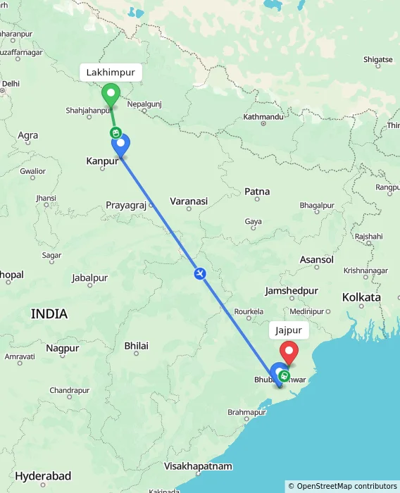 Route map showing distance and travel time from Lakhimpur, India to Jajpur, India