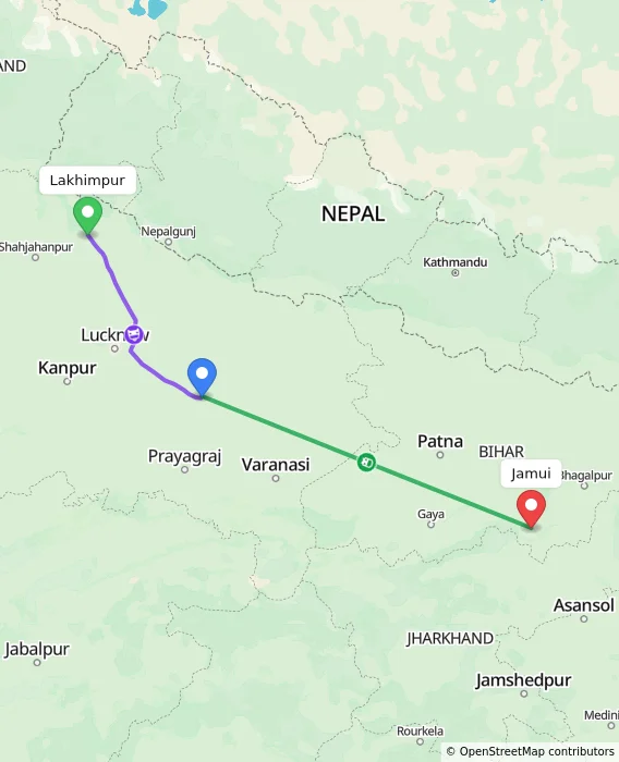 Route map showing distance and travel time from Lakhimpur, India to Jamui, India