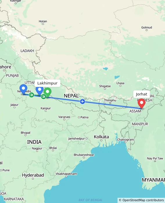 Route map showing distance and travel time from Lakhimpur, India to Jorhat, India