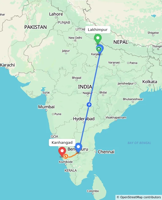 Route map showing distance and travel time from Lakhimpur, India to Kanhangad, India