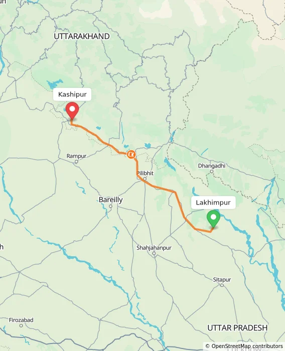 Route map showing distance and travel time from Lakhimpur, India to Kashipur, India