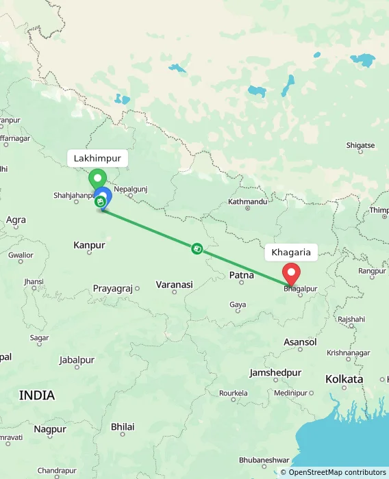 Route map showing distance and travel time from Lakhimpur, India to Khagaria, India