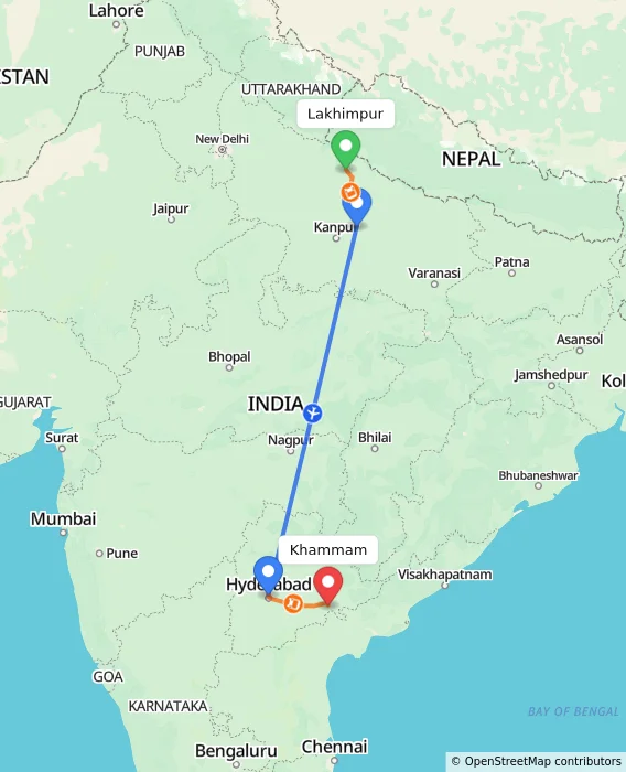 Route map showing distance and travel time from Lakhimpur, India to Khammam, India